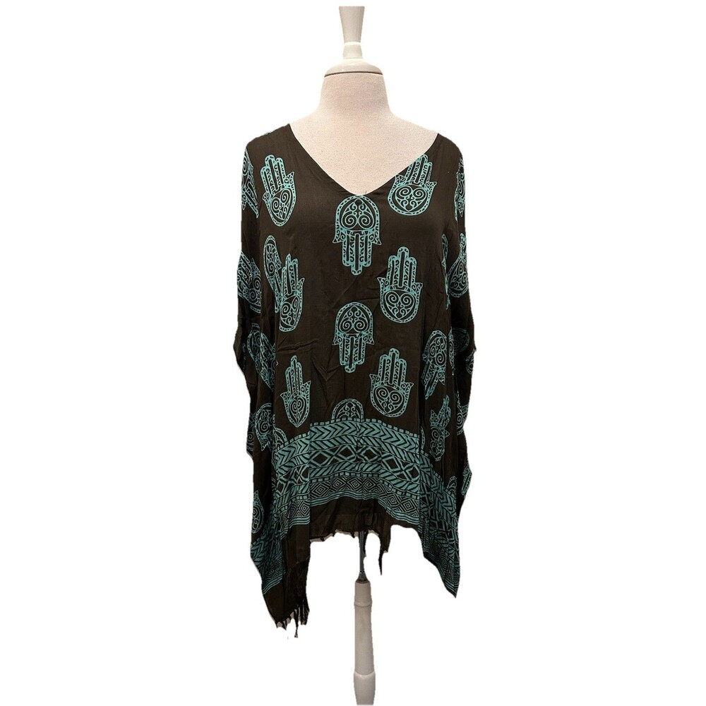 Lakhays Brown & Turquoise Oversized Boho Tunic With Fringe Hemline One Size
